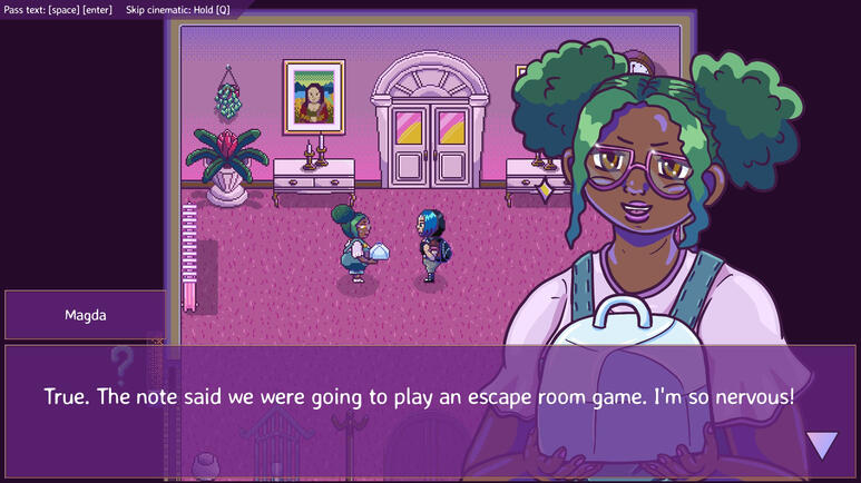 Untitled A dialog between the main character and a character named Magda. They're in a pink hall. The scenery is made with pixel art while the character dialog sprites are illustrations.