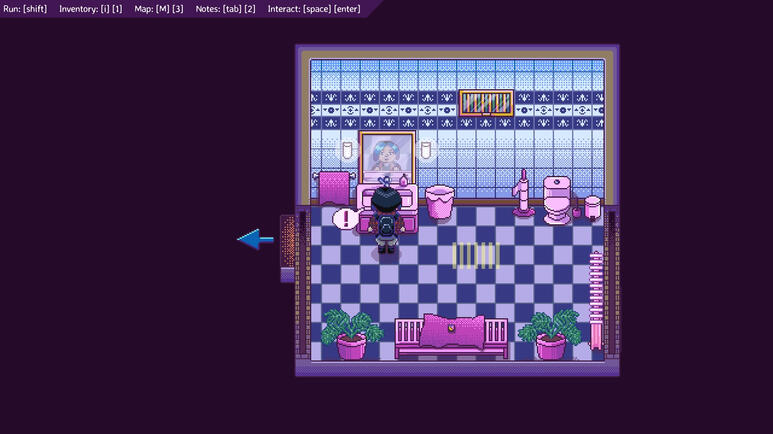 Untitled The character is looking at their mirror reflection in a blue tiled bathroom with pink elements.