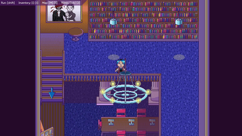 Untitled Screenshot of Zoe's Game depicting a two-story pixel art library with a blue carpet, lots of books and a white and black picture on the wall.