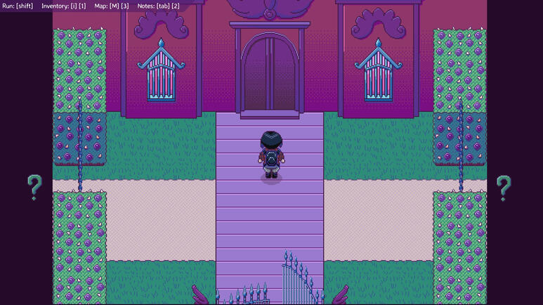 Untitled Screenshot of Zoe's Game depicting a pixel art front garden surrounded by rose bushes and the mansion's facade, which is pink with purple motives.