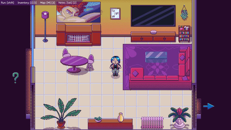 The main character in a pixel art living room with a yellow palette.