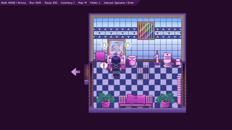 Untitled The character is looking at their mirror reflection in a blue tiled bathroom with pink elements.