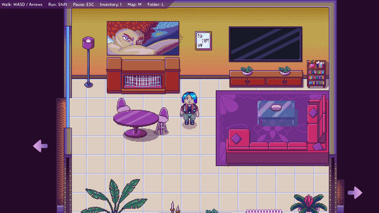 The main character in a pixel art living room with a yellow palette. The main character in a pixel art living room with a yellow palette.