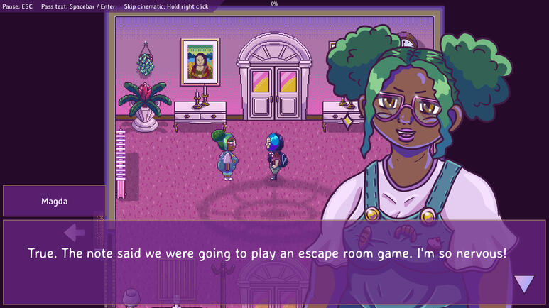 Untitled A dialog between the main character and a character named Magda. They're in a pink hall. The scenery is made with pixel art while the character dialog sprites are illustrations.
