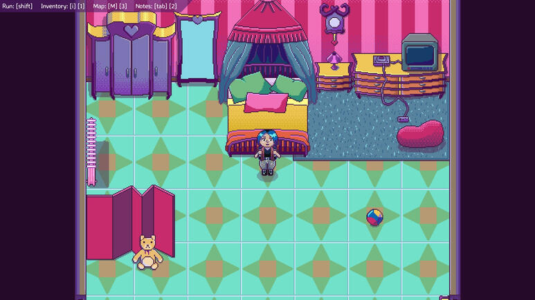 Screenshot of Zoe's Game depicting a pixel art child's room with a cupboard, a mirror, a plushie, a big bed and a cozy corner with videogames and a crt tv.