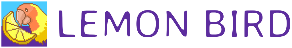 Lemon Bird logo representing a yellow and orange lovebird with a slice of lemon, in pixel art style, with the name of the studio in purple capital letter on its right