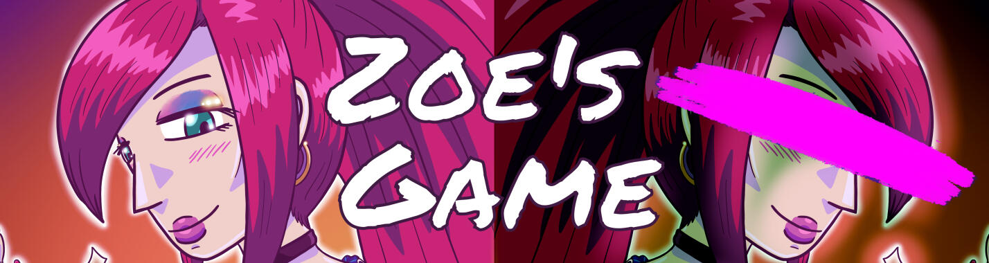 Cover of Zoe's Game, depicting a mirrored Zoe, with the right side's eyes covered in bright purple ink. Zoe has long magenta hair and green eyes.