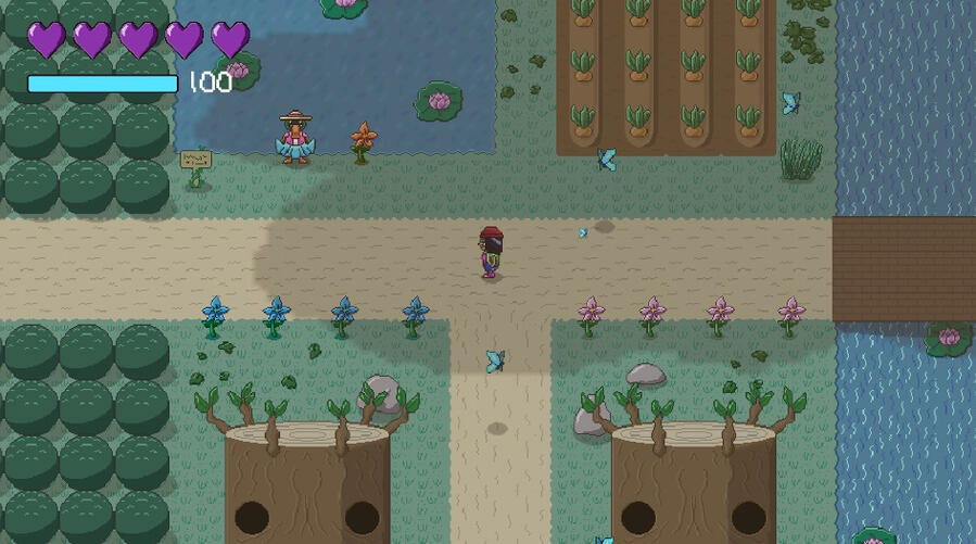 Screenshot of Mirror of Shearune displaying a peaceful animal village made in pixel art. The houses are tree trunks. There is a pond and a duck with a blue and pink dress next to it. The main character, a woman with a red cap, is walking below the clouds'