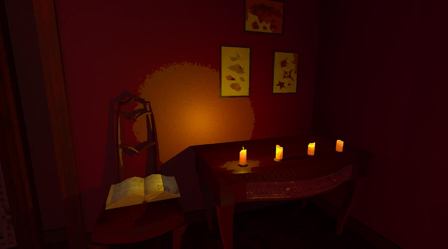 Screenshot of Candlelight displaying a 3D environment with a painted-like aesthetic. There is a chair with a book on top of it. Next to it there is a desk with 4 candles.
