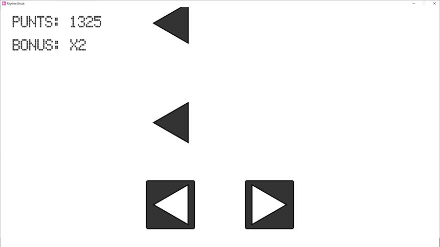 Screenshot of Rhythm Shock, displaying some black arrow symbols falling. The background is white.