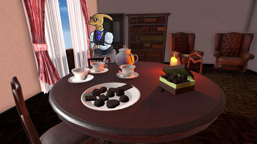Screenshot of Vincent's Chocolate, a 3D adventure game featuring a parasaurolophus 2D sprite looking melancholically through the window of his Victorian-like drawing room. A plate with chocolates is on the table.